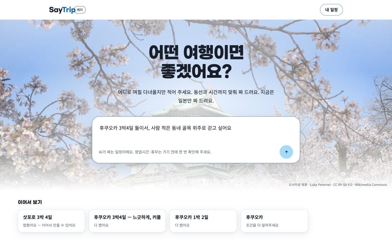첫 화면: 밝은 도시 사진 위의 한 줄 입력창과 예시 문장